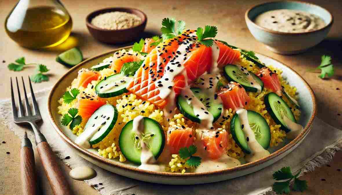 Crispy Rice Salmon Cucumber Salad with Creamy Asian Dressing