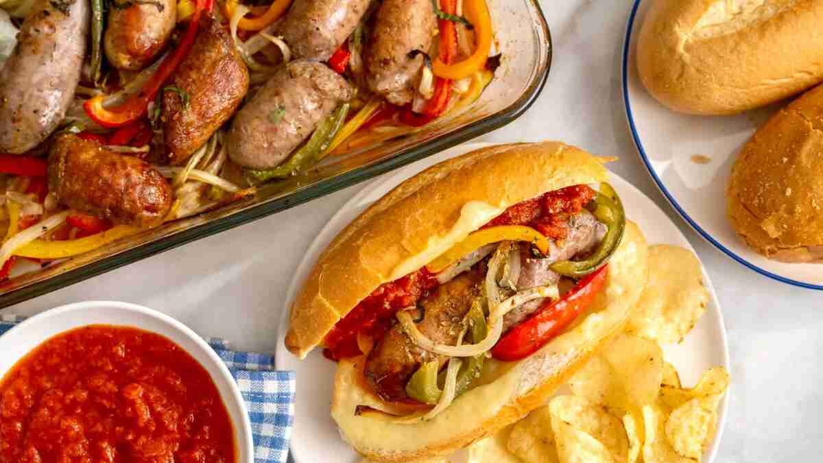 Grilled Sausage Sandwiches with Sautéed Peppers and Onions